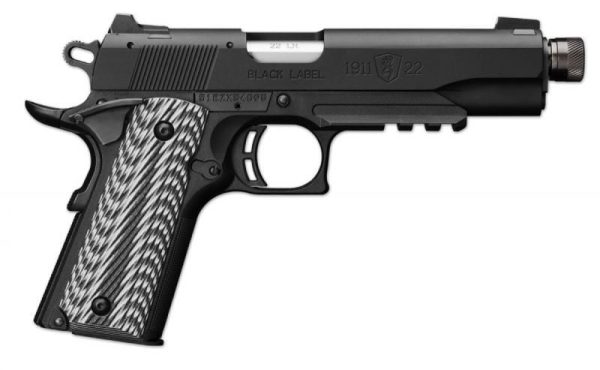 Browning 1911-22 Black Label Suppressor Ready With Rail Black And Gray G-10 With Angled Serrations .22 Lr 4.875-Inch 10Rd Browning 1911 22 Black Label Suppressor Ready With Rail 051820490 023614044178