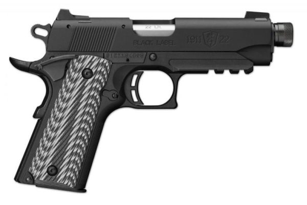 Browning 1911-22 Black Label Suppressor Ready With Rail Black And Gray G-10 With Angled Serrations .22 Lr 4.25-Inch 10Rd Browning 1911 22 Black Label Suppressor Ready With Rail 051821490 023614044185 1