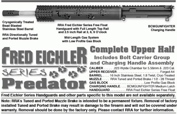 Rock River Lar-15 Fred Eichler Series Predator Upper 5.56/223 16&Quot; Ss Barrel, Bcg &Amp; Ch Rra Fe0500 34736.1606592725